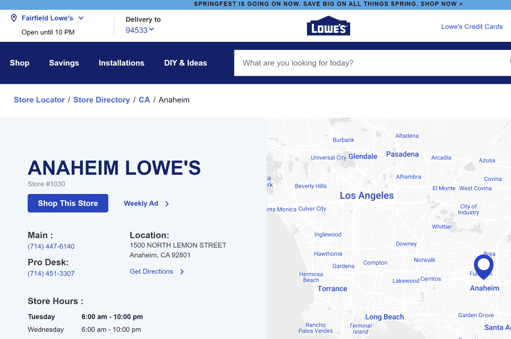 screenshot of Lowe's website showing a city landing page for the chain
