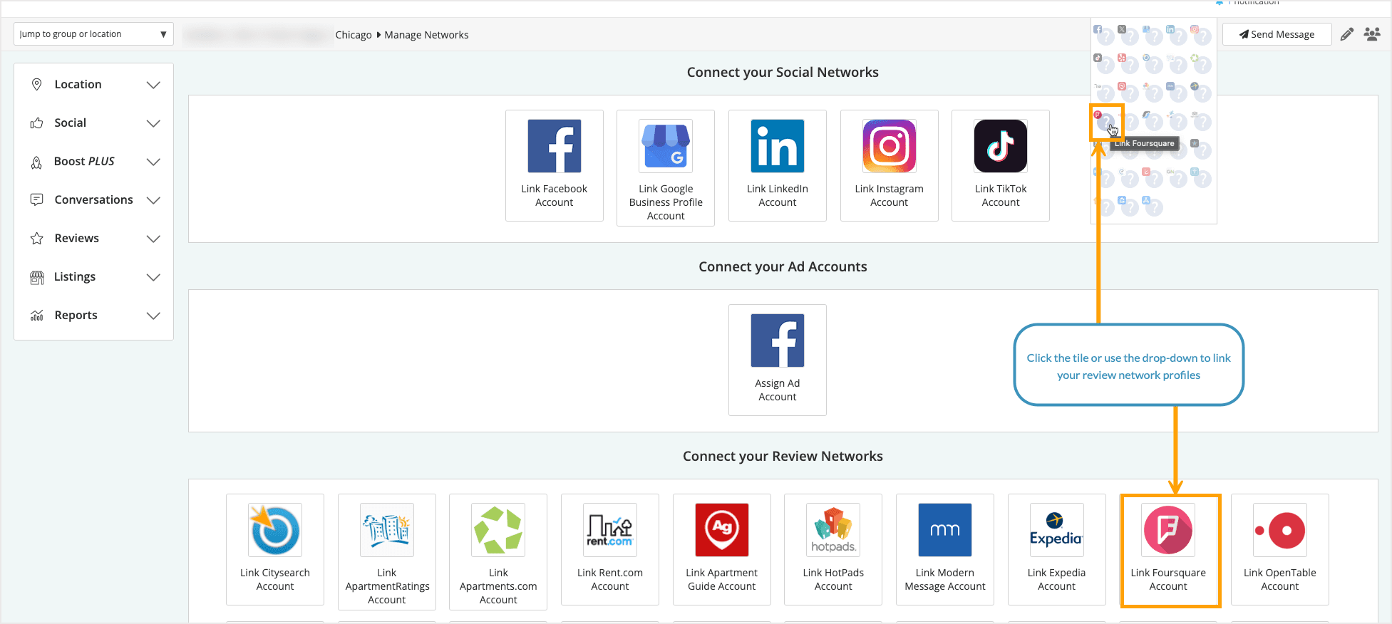 Screenshot of where to link review networks at the location level.