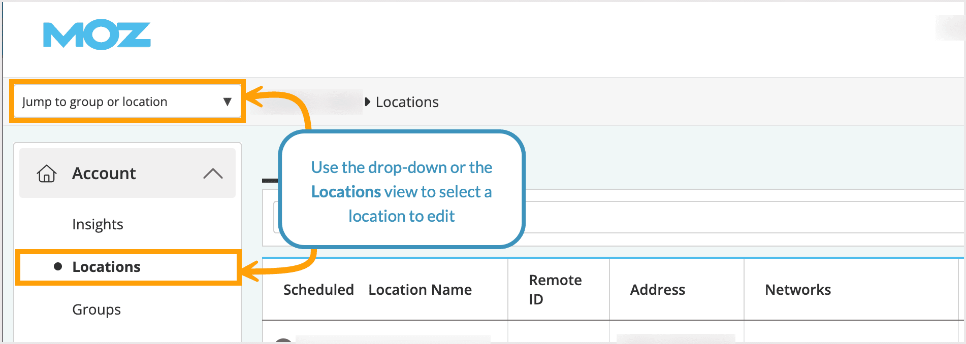 Screenshot showing how and where you can select a specific location to view.