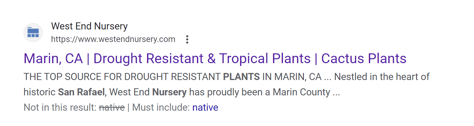 screenshot of Google search results for a nursery in Marin, California