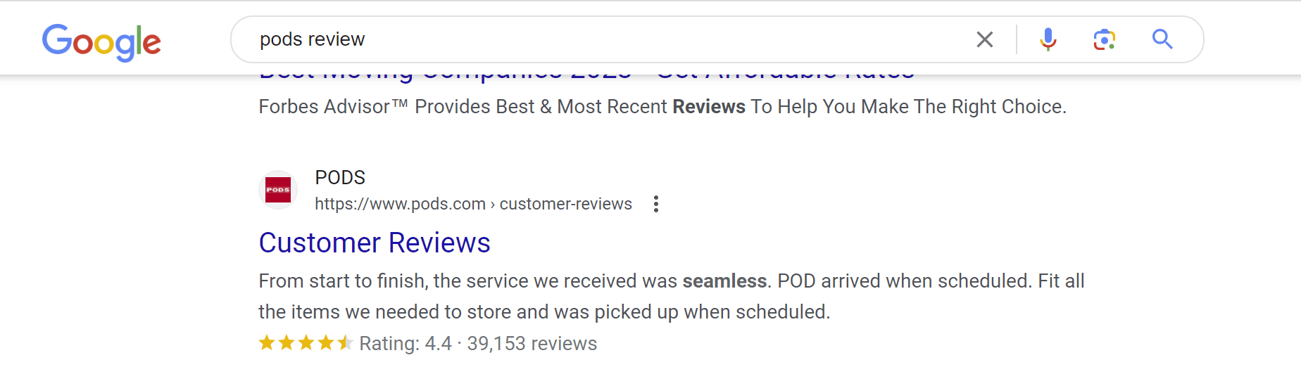 Google search results for the keyword ‘pods review’