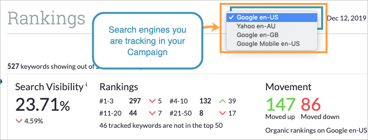 Use the drop-down at the top right to select the search engine you'd like to see rankings for.
