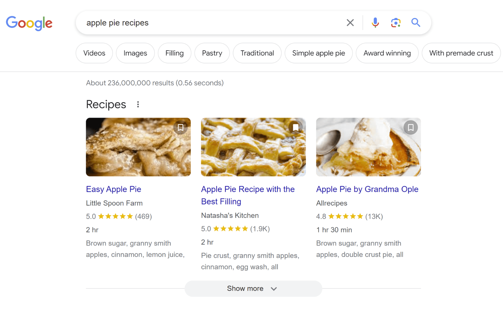 SERP results for the keyword 'apple pie recipes'