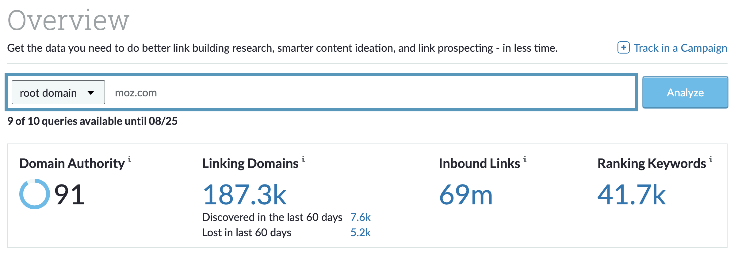 screenshot of the moz link explorer interface showing domain authority