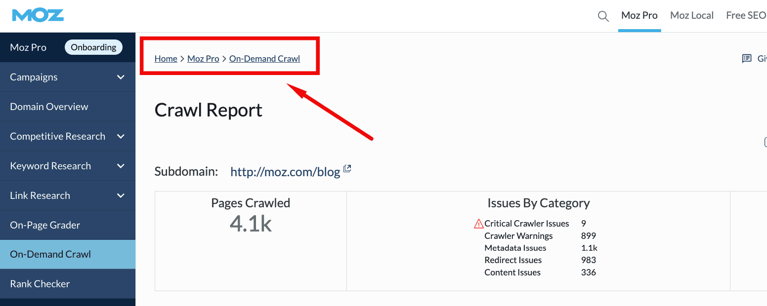 Moz Pro site crawl