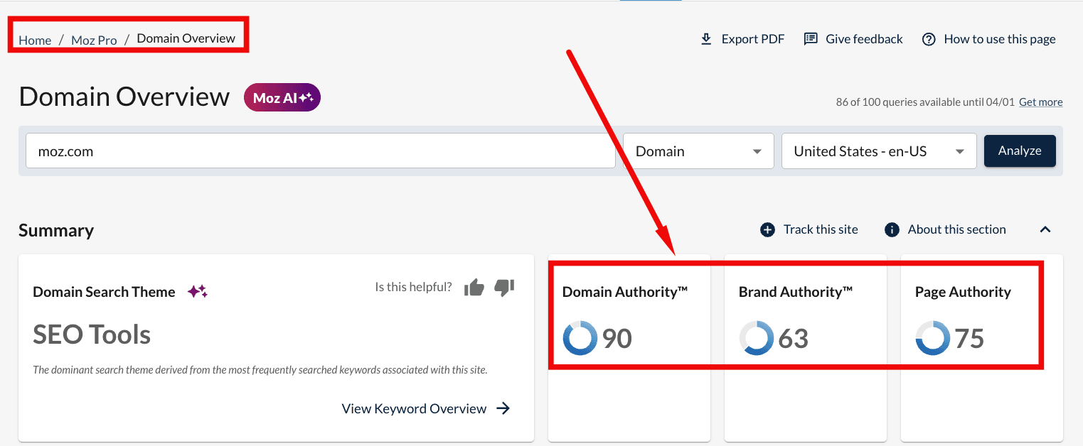 DA metrics in Domain Overview