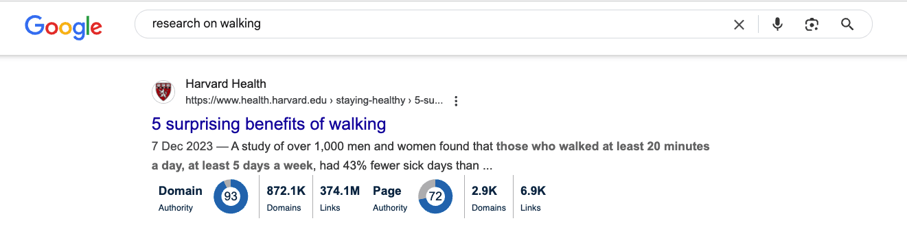 SERp result showing Harvard Health ranking for keyword