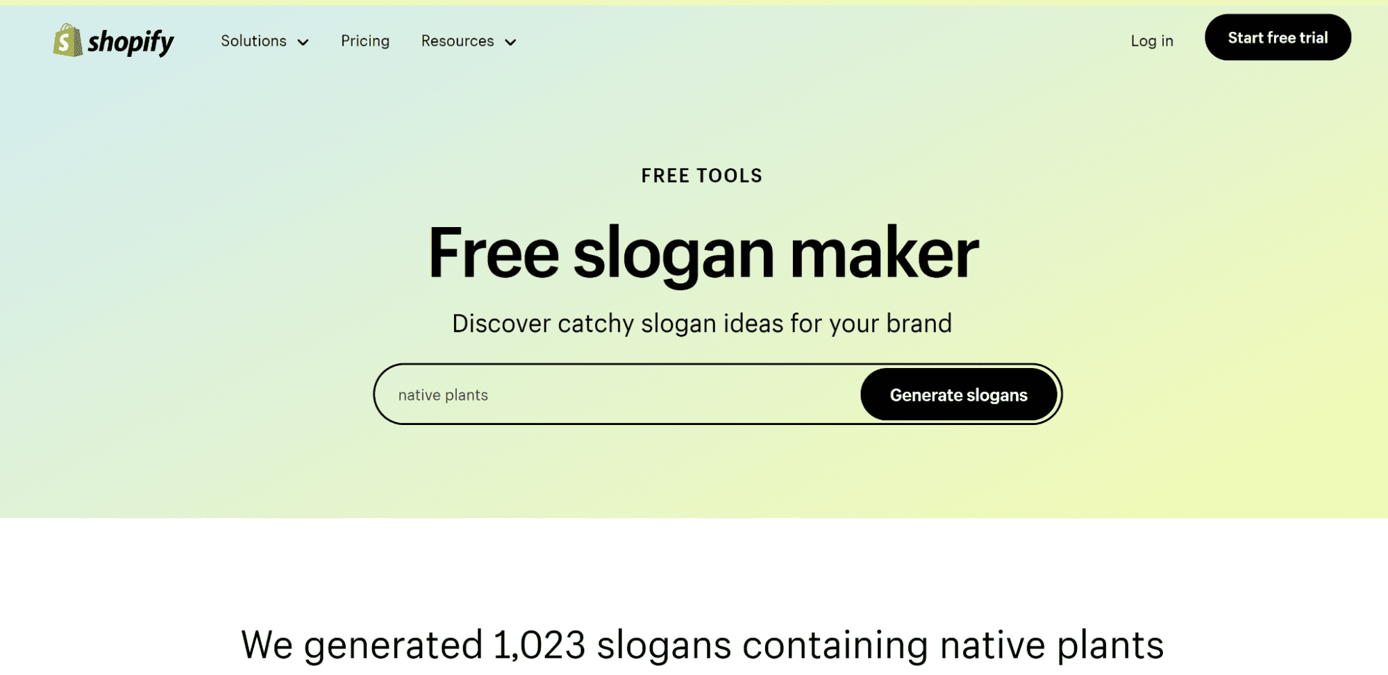 screenshot of Shopify's free slogan maker tool