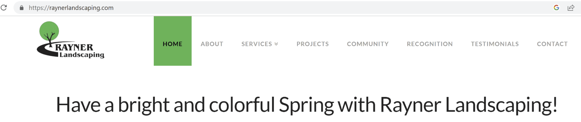 screenshot of home page of landscaping company showing top navigation of basic main pages
