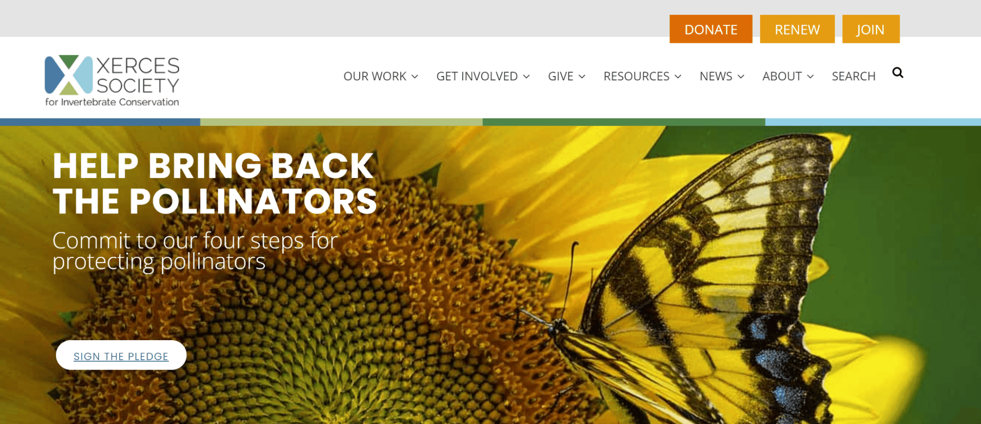 screenshot of Xerces Society homepage showing logo and top navigation of main website pages